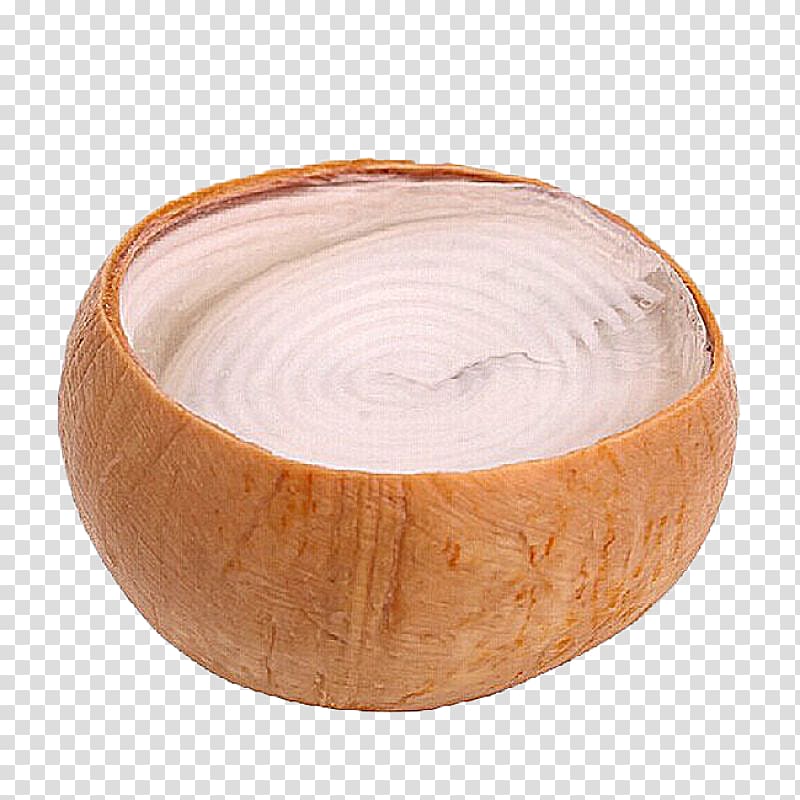 Coconut milk Gelatin dessert Panna cotta, White milk jelly in a round coconut shell transparent background PNG clipart
