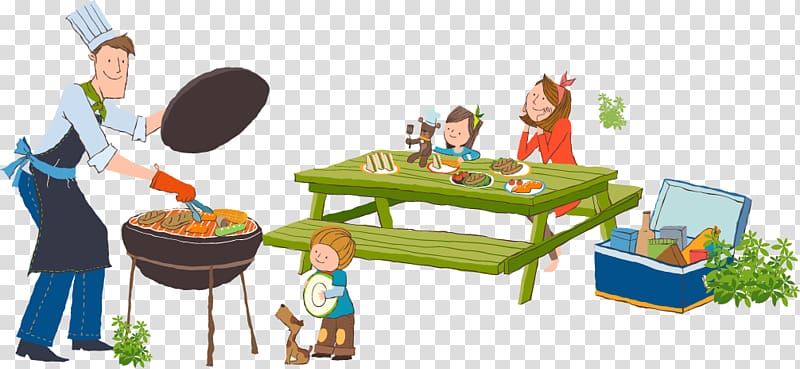 family having picnic , Barbecue Picnic Cartoon Illustration, Painted a cozy four cooking transparent background PNG clipart