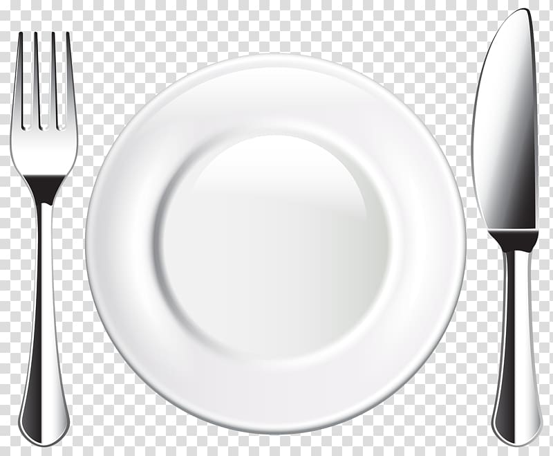 white plate in between of silver fork and knife, Plate Tableware Fork Cutlery, plates transparent background PNG clipart