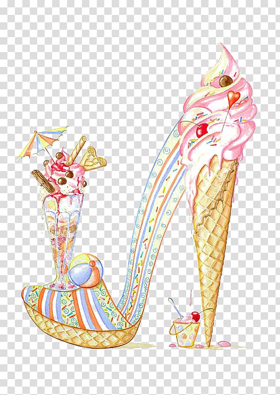 multicolored ice cream-themed platform pump shoe illustration, Shoe Slipper High-heeled footwear Sandal Illustration, Creative Ice Cream Shoes transparent background PNG clipart