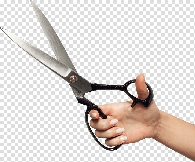 person holding shears, Hand Holding Huge Scissors transparent background PNG clipart