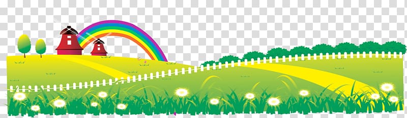 , Beautiful exquisite cartoon flowers fresh grass background path rainbow tree house transparent background PNG clipart