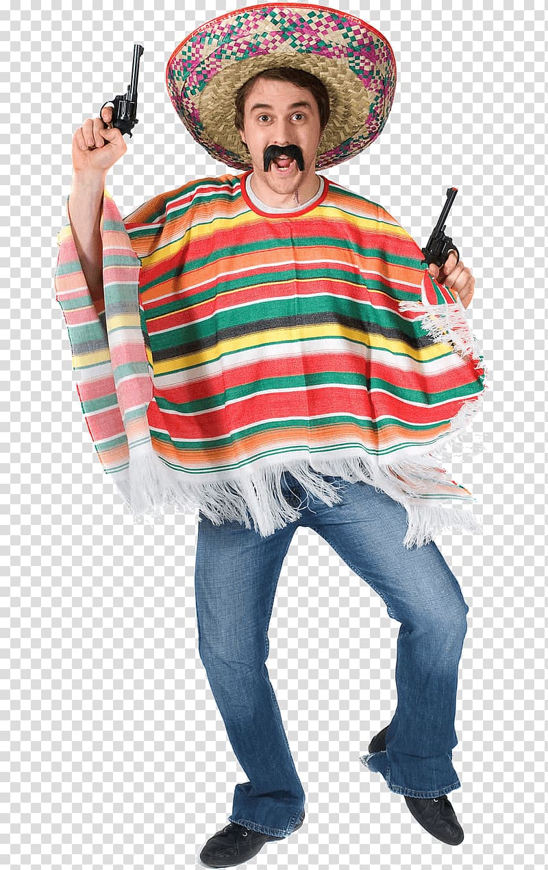 man wearing multicolored striped poncho holding guns, Mexico Poncho T-shirt Costume party, mexican transparent background PNG clipart