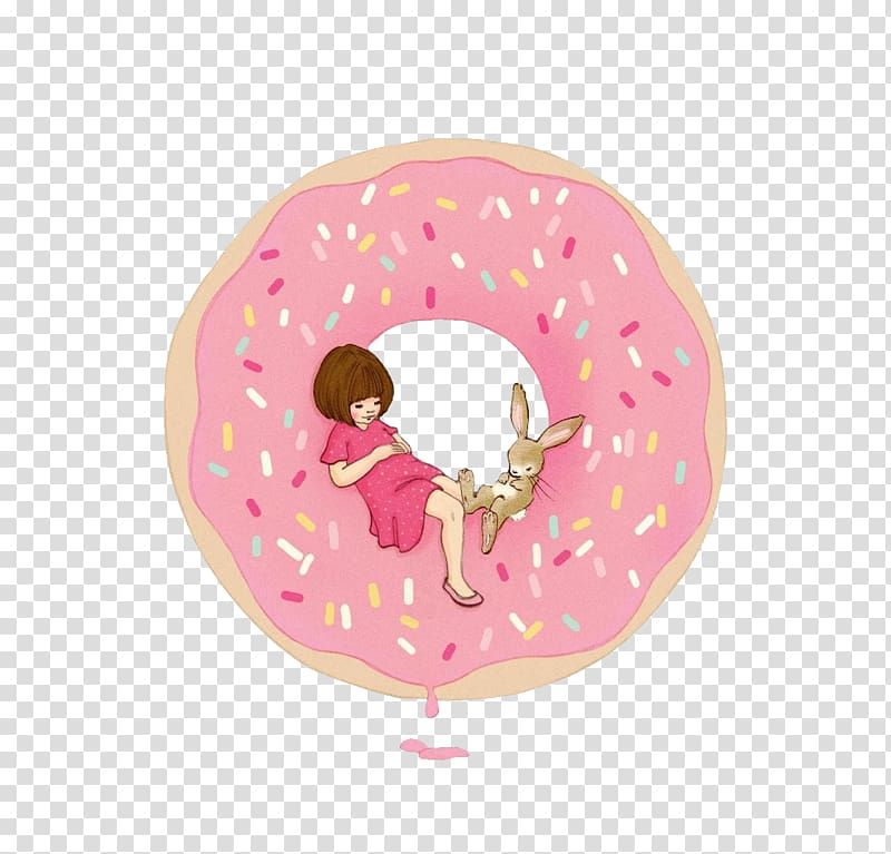 girl and brown rabbit sitting inside pink doughnut illustration, Child Infant Belle & Boo Ltd Illustration, Cartoon donut transparent background PNG clipart