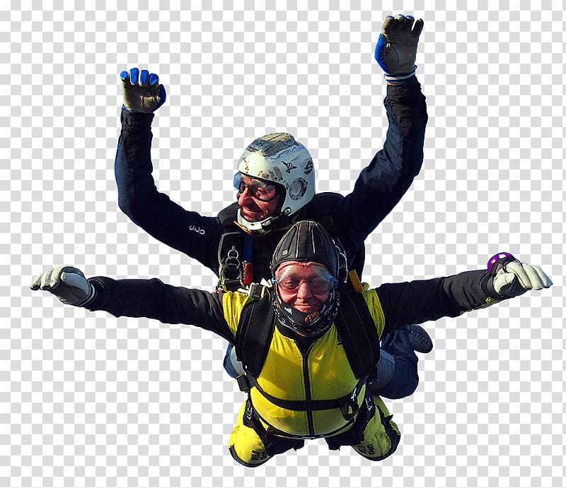 men wearing green and black overalls skydiving, Tandem Parachute Jumpers transparent background PNG clipart