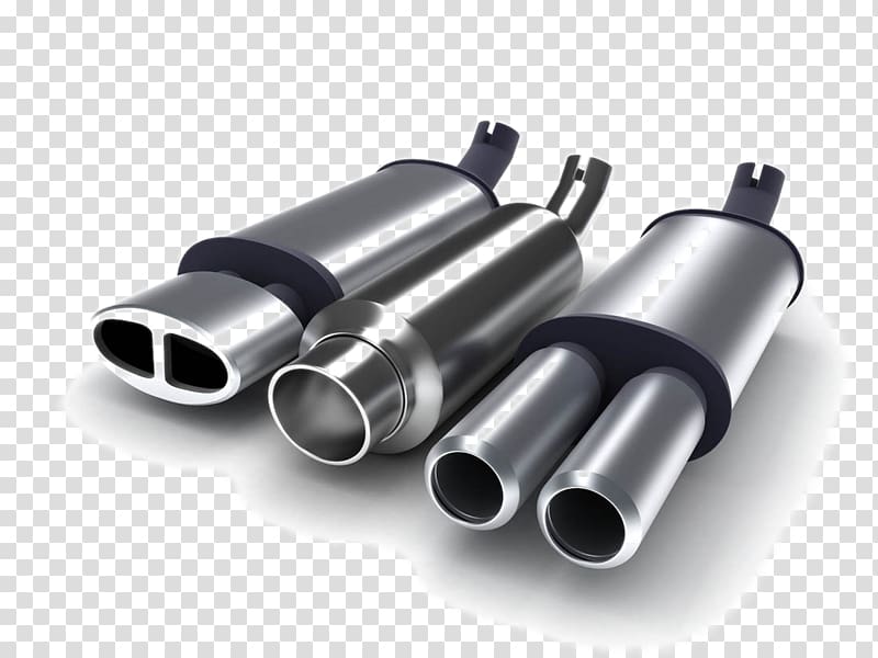 three silver vehicle mufflers, Exhaust system Car Vehicle Muffler Automobile repair shop, car parts transparent background PNG clipart