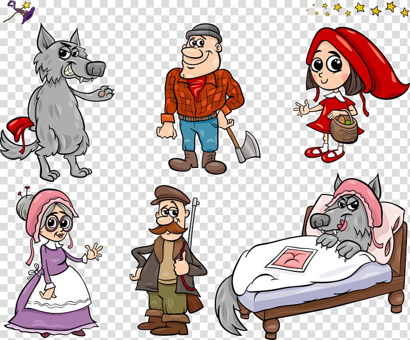 six assorted Little Red Hiding Hood characters illustration, Big Bad Wolf Little Red Riding Hood Fairy tale Illustration, Little Red Riding Hood and the Wolf transparent background PNG clipart