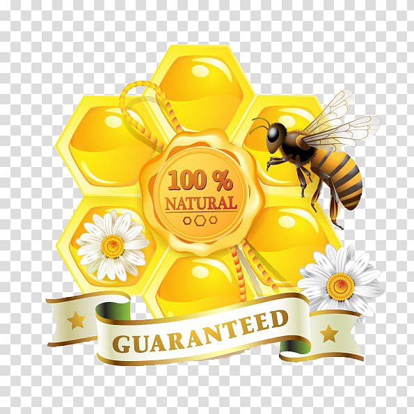 100% natural guaranteed advertisement, Honey bee Honey bee Organic food Honeycomb, Bees and honey transparent background PNG clipart
