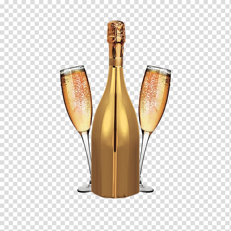 bottle and wine glasses , Champagne Wine Bottle Alcoholic drink, Gold glass bottle transparent background PNG clipart