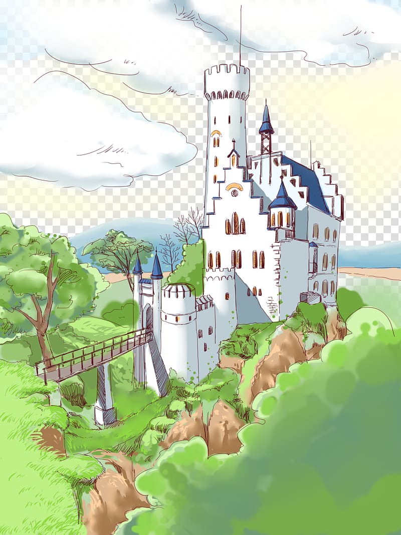 Forest Castle Drawing Cartoon, Painted forest castle transparent background PNG clipart