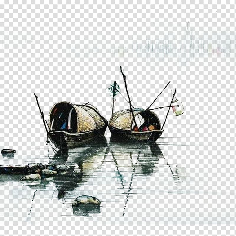 two gray boats on body of water , Watercolor painting Chinese painting Ink wash painting Work of art, Small fishing river transparent background PNG clipart