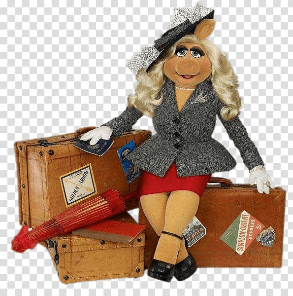 Miss Piggy sitting on luggage, Miss Piggy Travelling transparent background PNG clipart