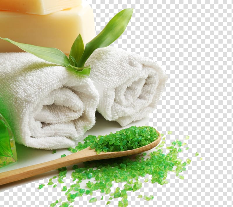 two white towels, Spa Bath salts Sauna Stone massage, Green Health transparent background PNG clipart