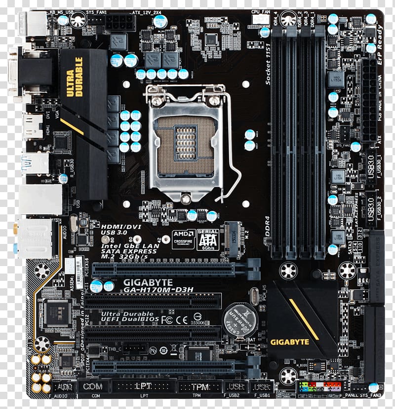 Intel Motherboard LGA 1151 Gigabyte GA-H170M-D3H microATX, intel transparent background PNG clipart