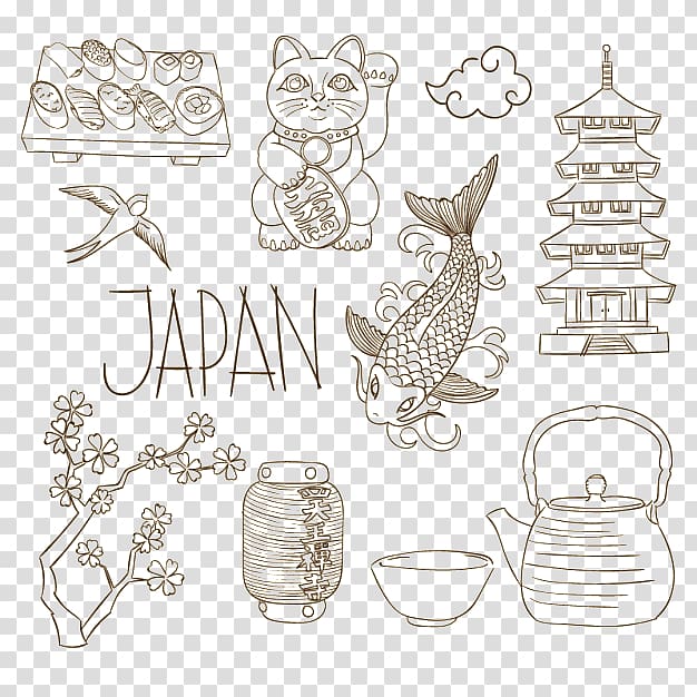Japan fish, shrine, cherry blossom illustrations, Japanese Cuisine Sushi Cat, Hand-drawn elements of Japan transparent background PNG clipart