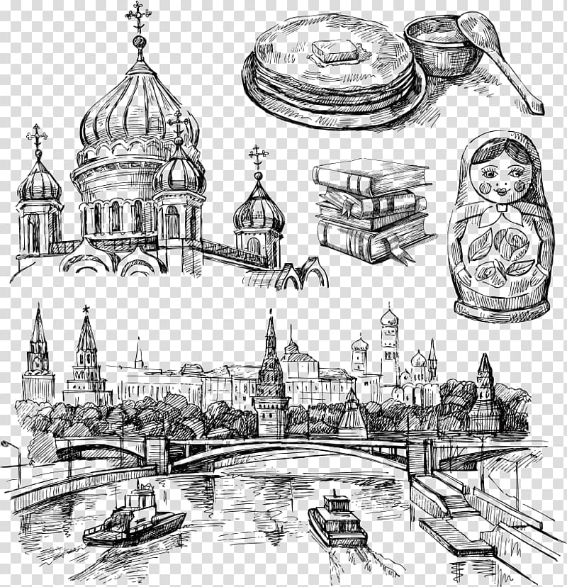 books, nesting dolls and landmarks illustration, Moscow Drawing Illustration, Hand-painted Russian cities transparent background PNG clipart