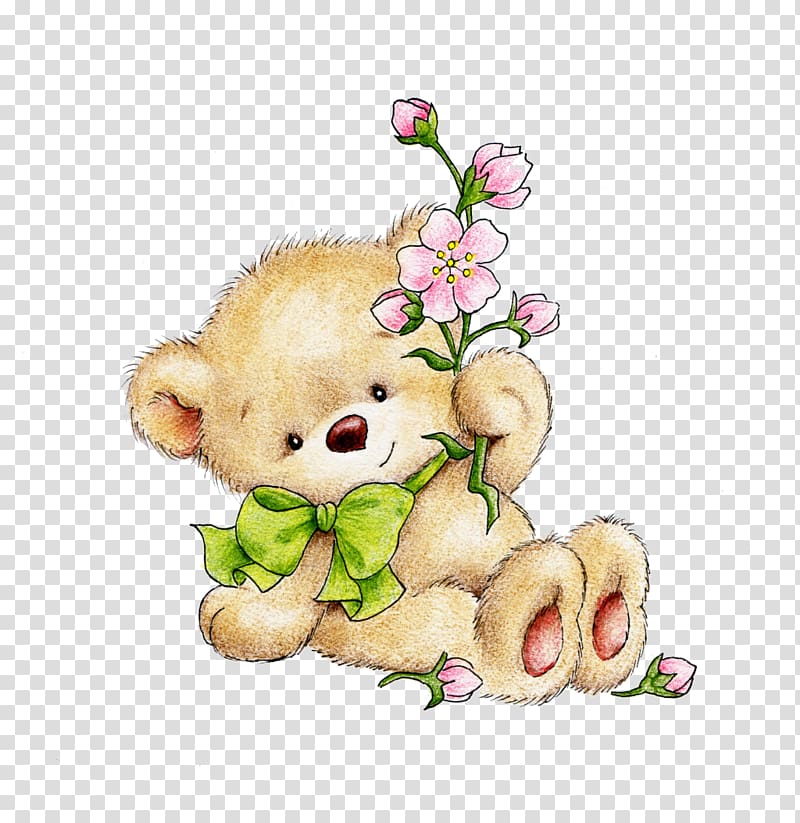 brown bear holding flowers , Teddy bear Illustration, Bear transparent background PNG clipart