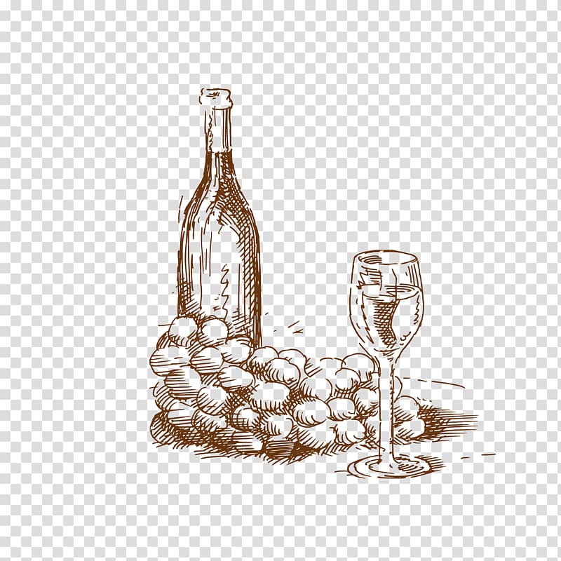 bottle of wine and glass , White wine Common Grape Vine Drawing, Hand-painted wine transparent background PNG clipart