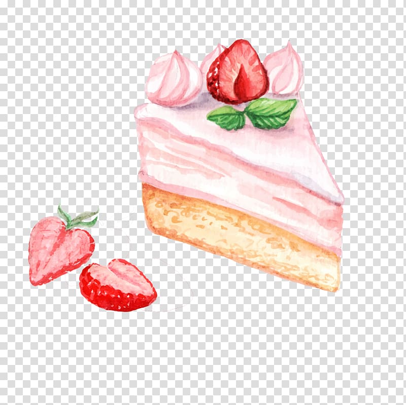 slice of strawberry cake illustration, Cupcake Birthday cake Crxe8me caramel Tart Chocolate cake, Cartoon hand painted strawberry cake transparent background PNG clipart