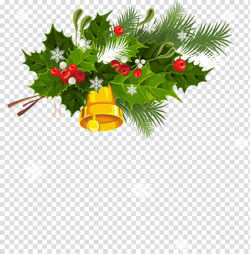 golden bell illustration, Christmas Jingle bell , Christmas Bell Mistletoe and Snowflakes transparent background PNG clipart