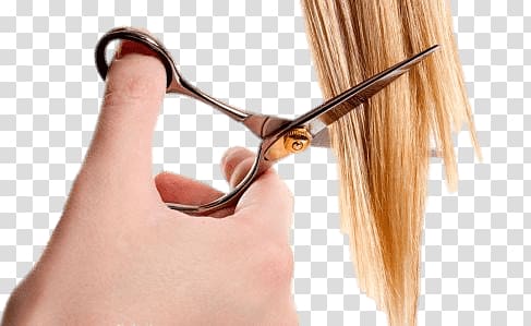 person cutting blonde hair using silver scissor, Hair Cutting Blond transparent background PNG clipart