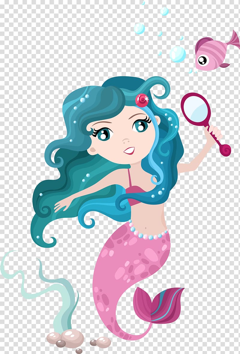 mermaid and fish illustration, Mermaid Illustration, A mermaid with a magnifying glass transparent background PNG clipart