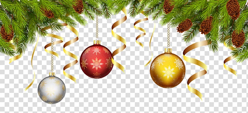 gray, red, and gold bauble hanging on garland with pine cone illustration, Christmas Balls with Pine Branch Decoration transparent background PNG clipart