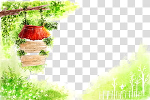 Cartoon Spring Illustration, Watercolor wooden tag trees background transparent background PNG clipart thumbnail