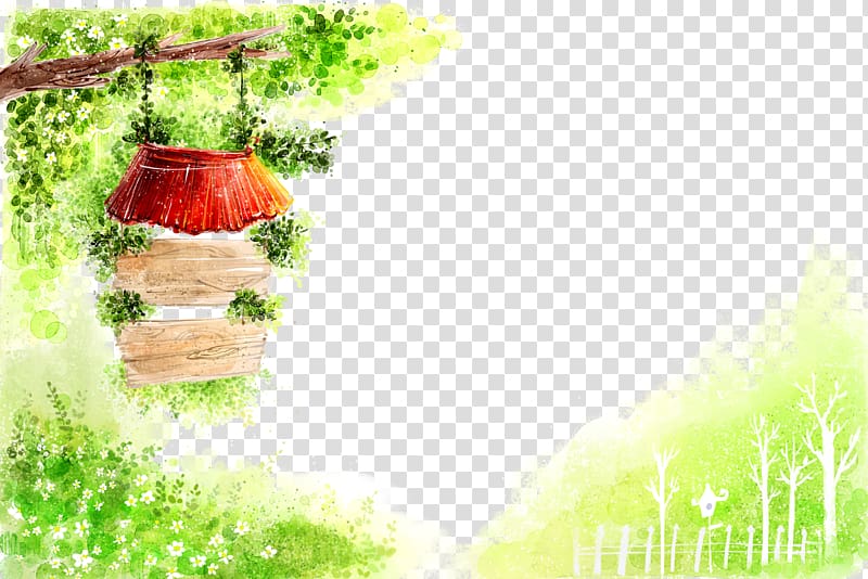 Cartoon Spring Illustration, Watercolor wooden tag trees background transparent background PNG clipart