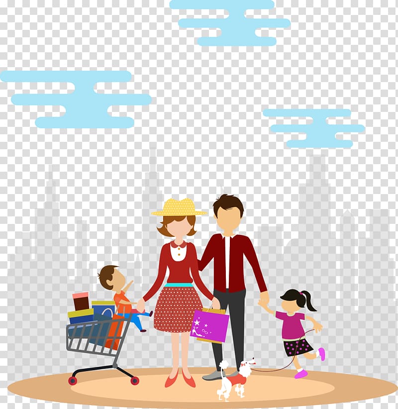 woman holding boy riding on shopping cart beside man holding girl with dog illustration, Shopping Family Euclidean , Family travel family shopping transparent background PNG clipart