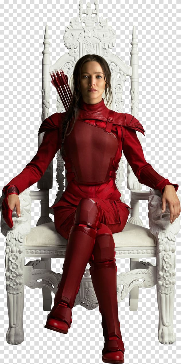 woman wearing red turtleneck long-sleeved jumpsuit with arrows sitting on throne chair, Jennifer Lawrence The Hunger Games: Mockingjay u2013 Part 2 Katniss Everdeen Finnick Odair President Coriolanus Snow, The Hunger Games transparent background PNG clipart