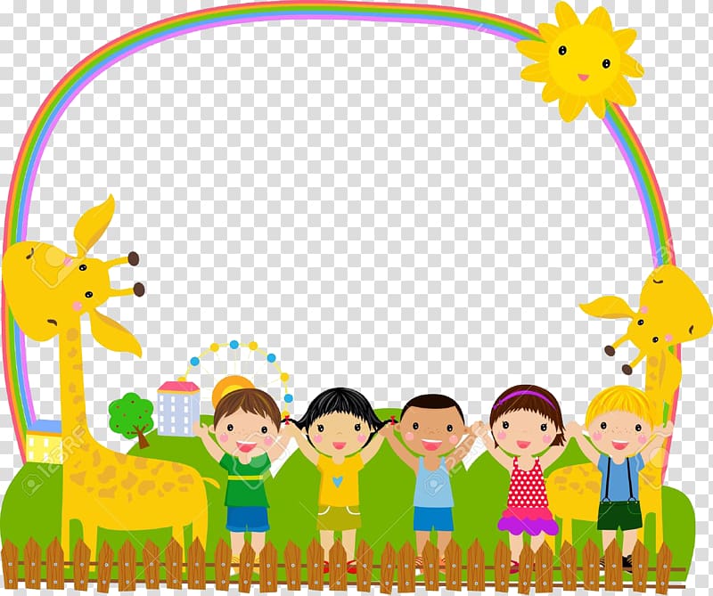 children and giraffes raising hands illustration, frame Child Illustration, Cartoon children transparent background PNG clipart