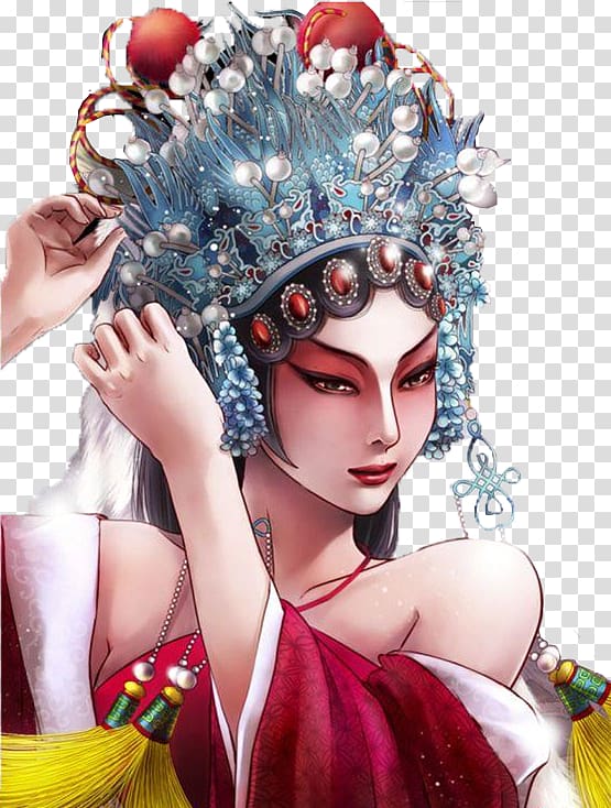 female anime character wearing blue feather headdress illustration, Tattoo Peking opera Chinese opera Arm Human back, Opera characters transparent background PNG clipart