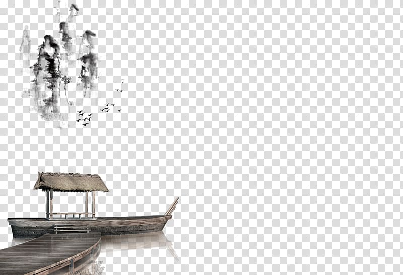 Ink wash painting Shan shui White, Chinese wind boat decoration pattern transparent background PNG clipart
