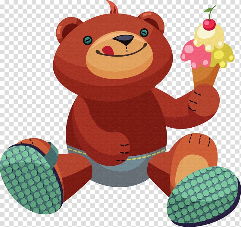 Bear Cartoon Illustration, Bear eating ice cream transparent background PNG clipart