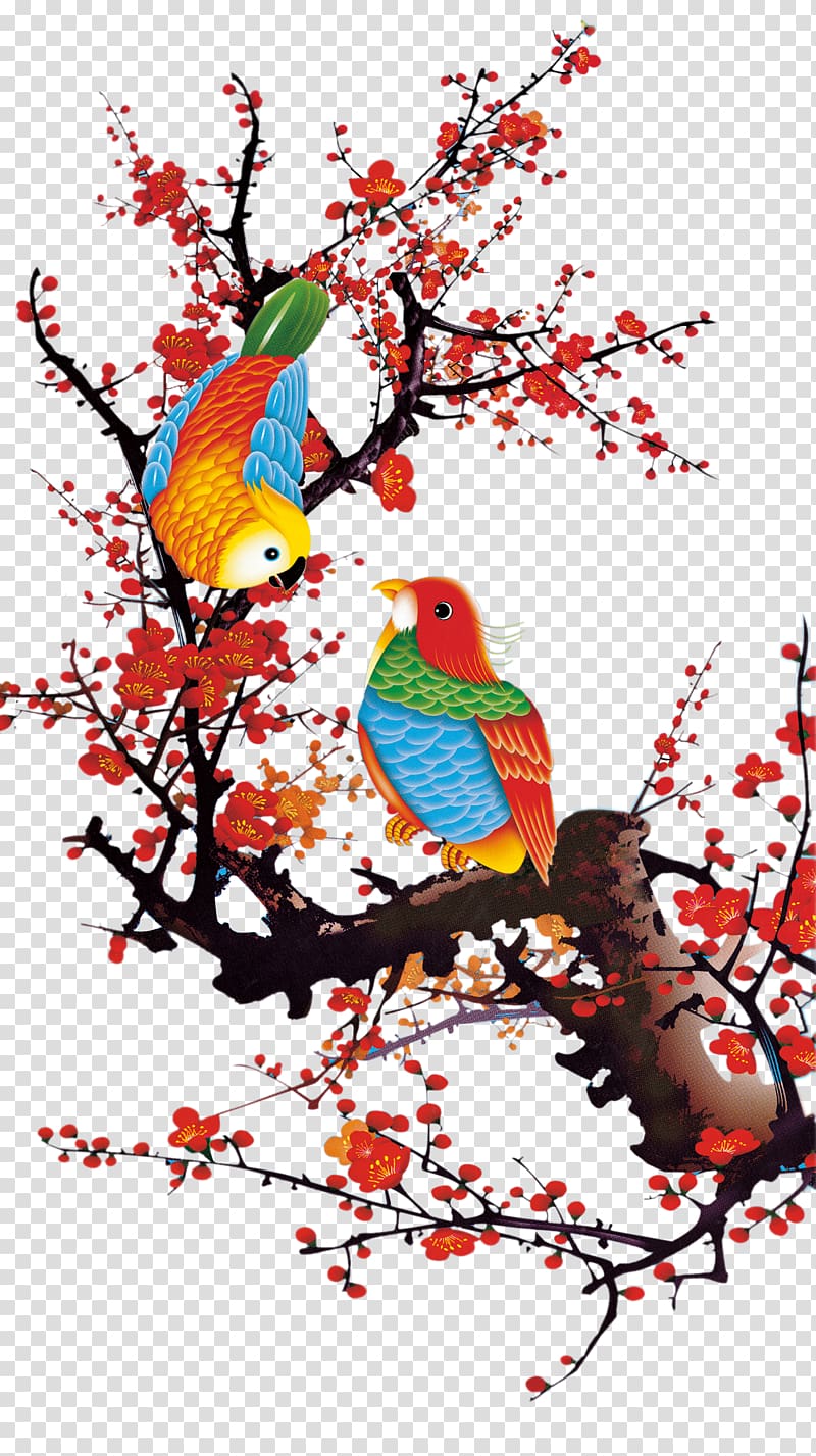 Bird Parrot Tattoo Decal Sticker, Plum flower transparent background PNG clipart