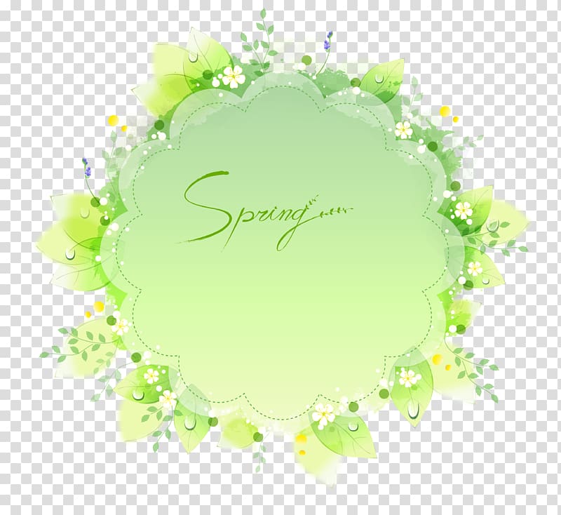 green and white Spring text with floral frame , Text box Circle, Green Floral text box material transparent background PNG clipart