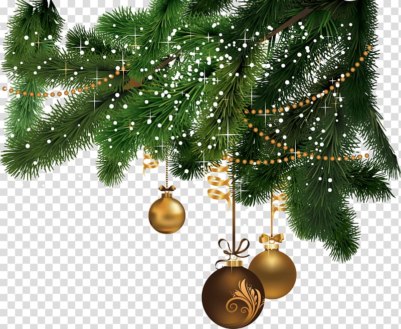 three gold baubles hanging on Christmas tree, Christmas tree , Creative Christmas transparent background PNG clipart