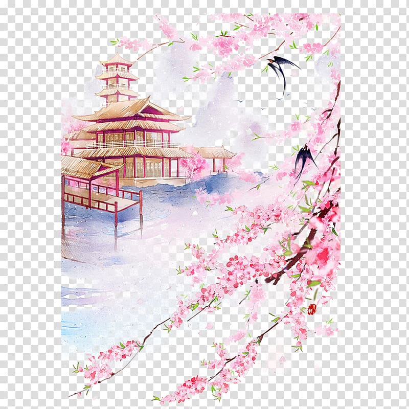 painting of pink flowers, China Landscape Watercolor painting Drawing, Fairy filled fairy place of residence transparent background PNG clipart