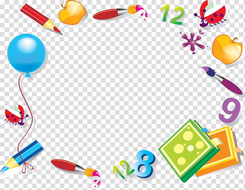 paintbrush, balloons, and apples boarder illustration, First day of school Educational institution, crayons transparent background PNG clipart