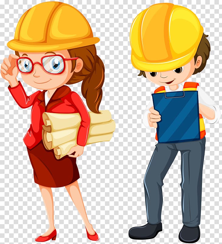 cartoon female and male wearing hard hats , Engineering Cartoon , Two engineers transparent background PNG clipart