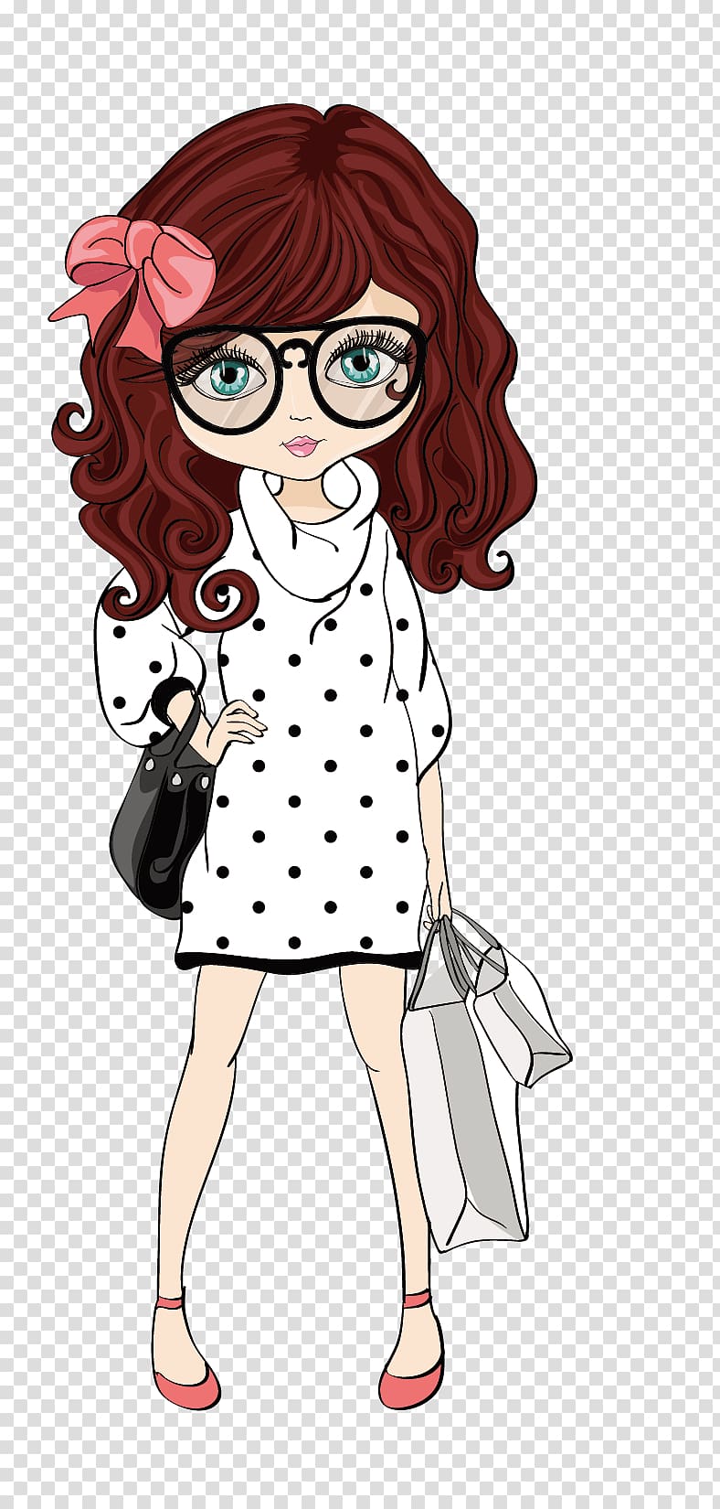 woman with white dress holding bags and wearing eyeglasses illustration, Drawing Girl Illustration, Quiet girl transparent background PNG clipart