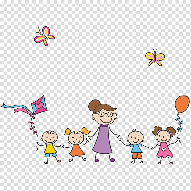 woman holding four children illustration, Child Pre-school Special education Day care, Cartoon characters,fly a kite transparent background PNG clipart