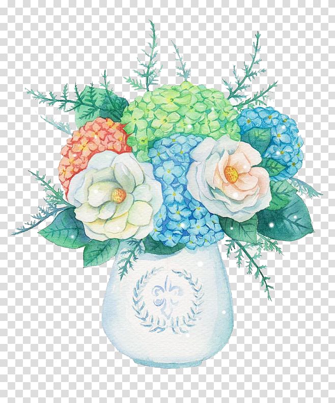white, teal, and green flowers illustration, Vase Flower Floral design, Watercolor flowers transparent background PNG clipart