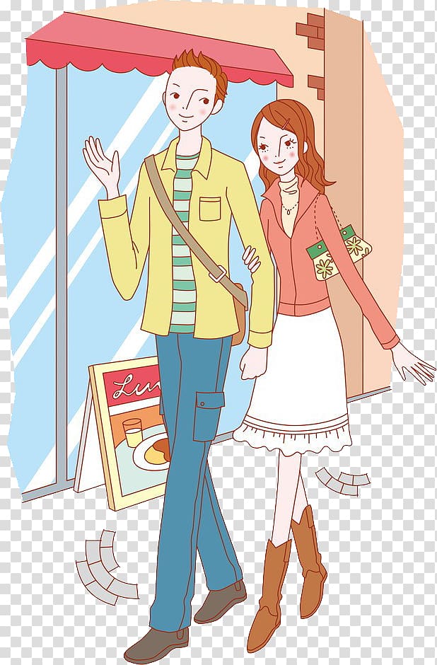 Cartoon Significant other Illustration, Hand-painted cartoon couple shopping illustration transparent background PNG clipart