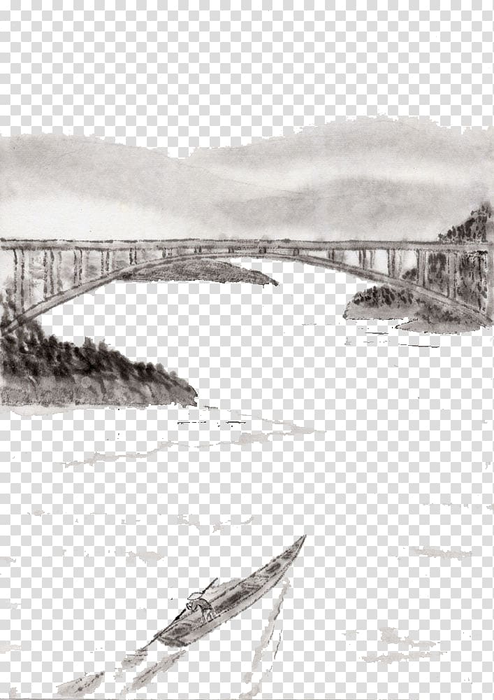 Ink wash painting Shan shui Illustration, Yangtze River Bridge transparent background PNG clipart
