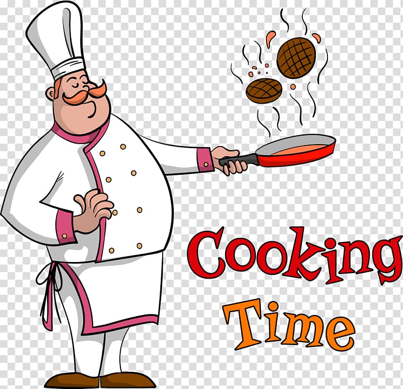 chef illustration with cooking time text overlay, Cooking Chef Food Frying pan, Cooking time transparent background PNG clipart