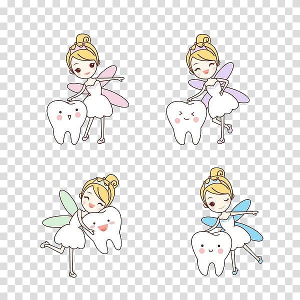 four female characters illustration, Tooth fairy Human tooth Dentist, Magic elves and teeth transparent background PNG clipart