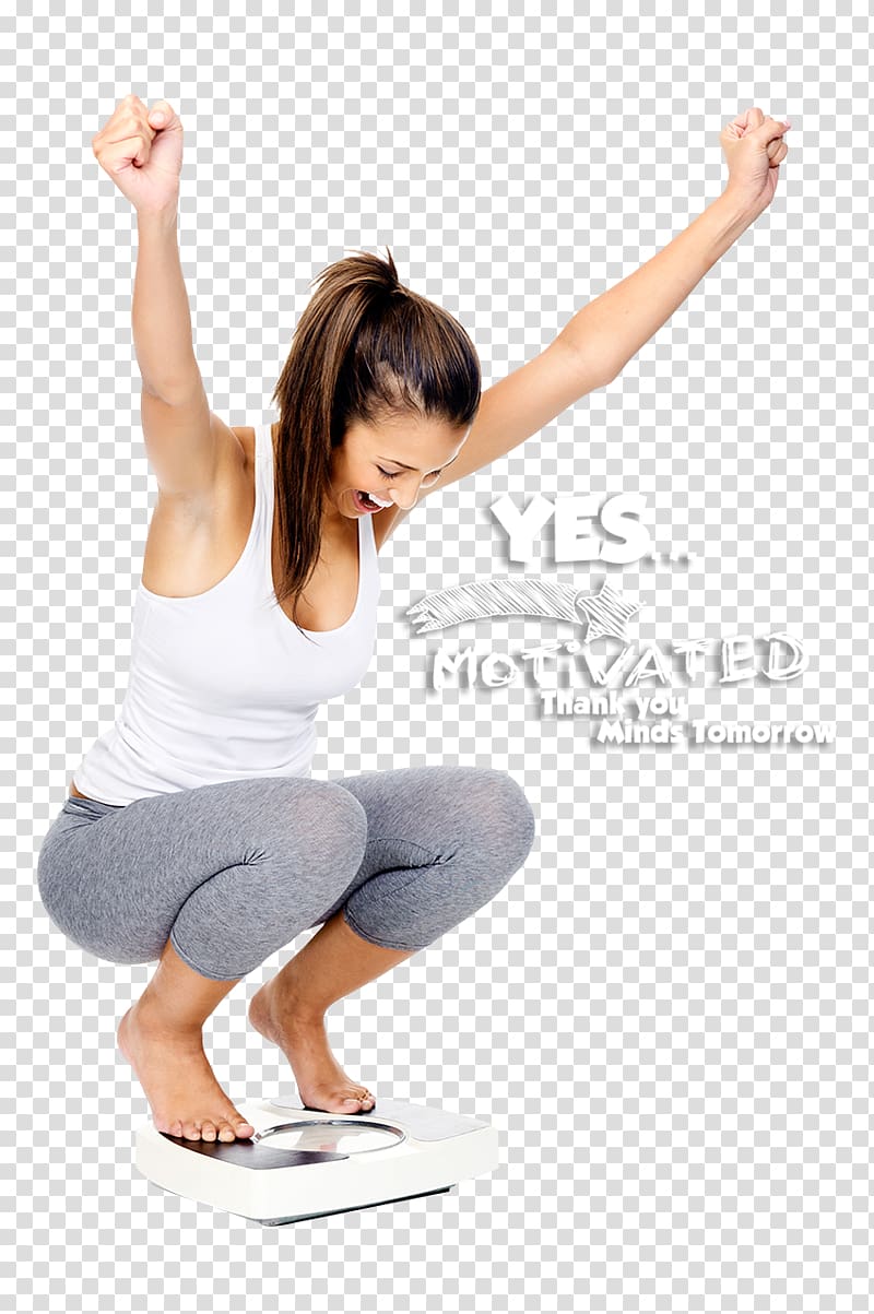 woman in white tank top raising both hands while squatting on weighing scale with Yes Motivated text, Weight loss Adipose tissue Dieting Health Human body weight, weight loss transparent background PNG clipart
