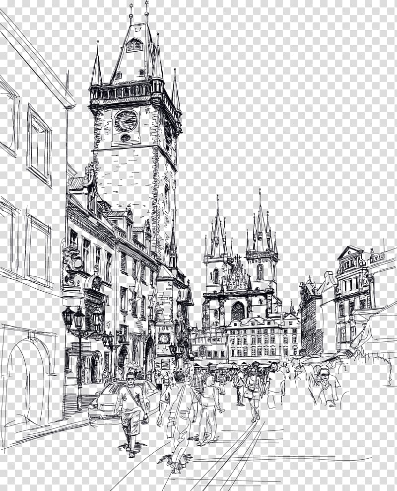 Big Ben illustration, Old Town Square Charles Bridge Sketch, Europe and the United States drawing free drawing free transparent background PNG clipart